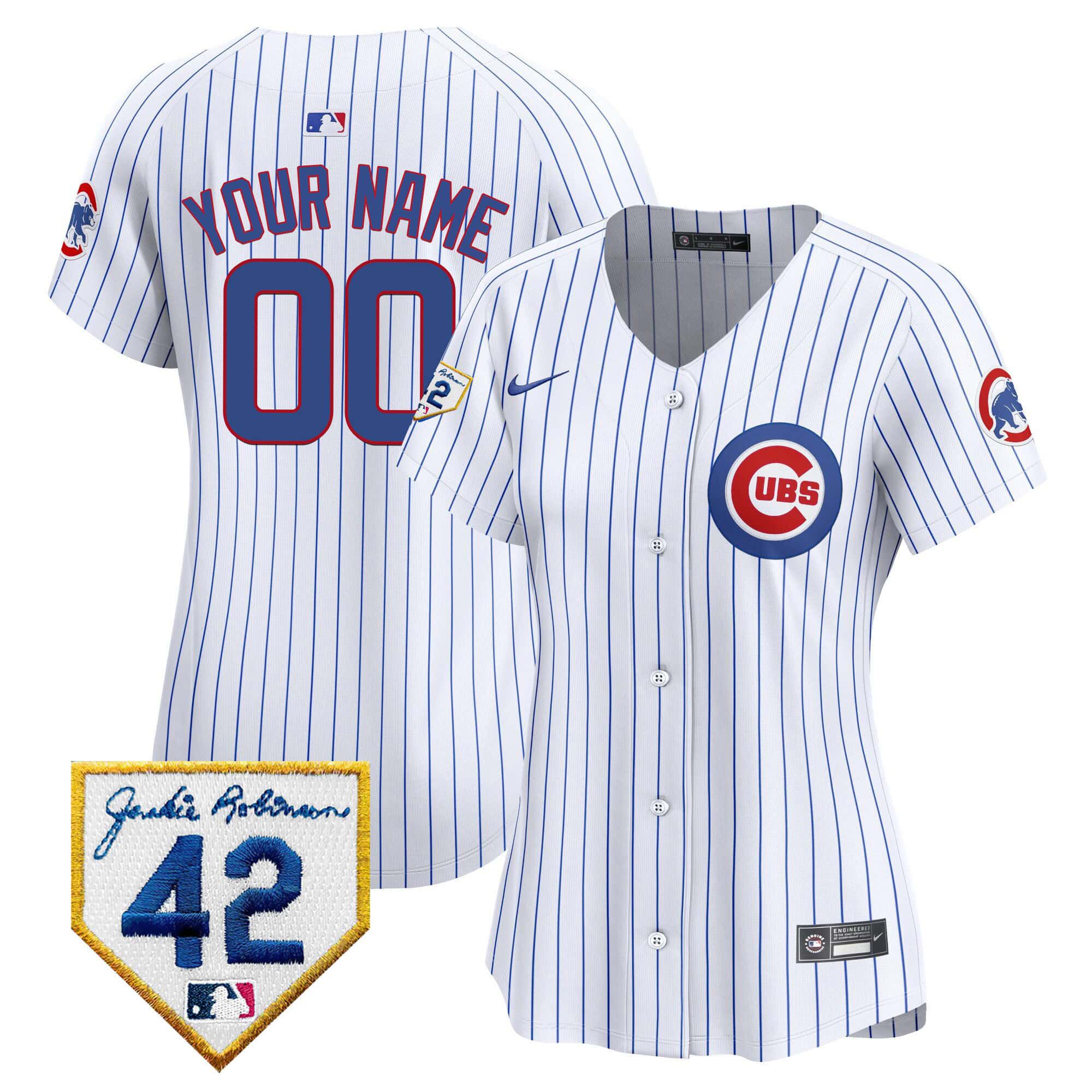 Women Chicago Cubs White Stripe Nike 2024 Jackie Robinson Patch Vapor Premier Limited Custom MLB Jersey->->